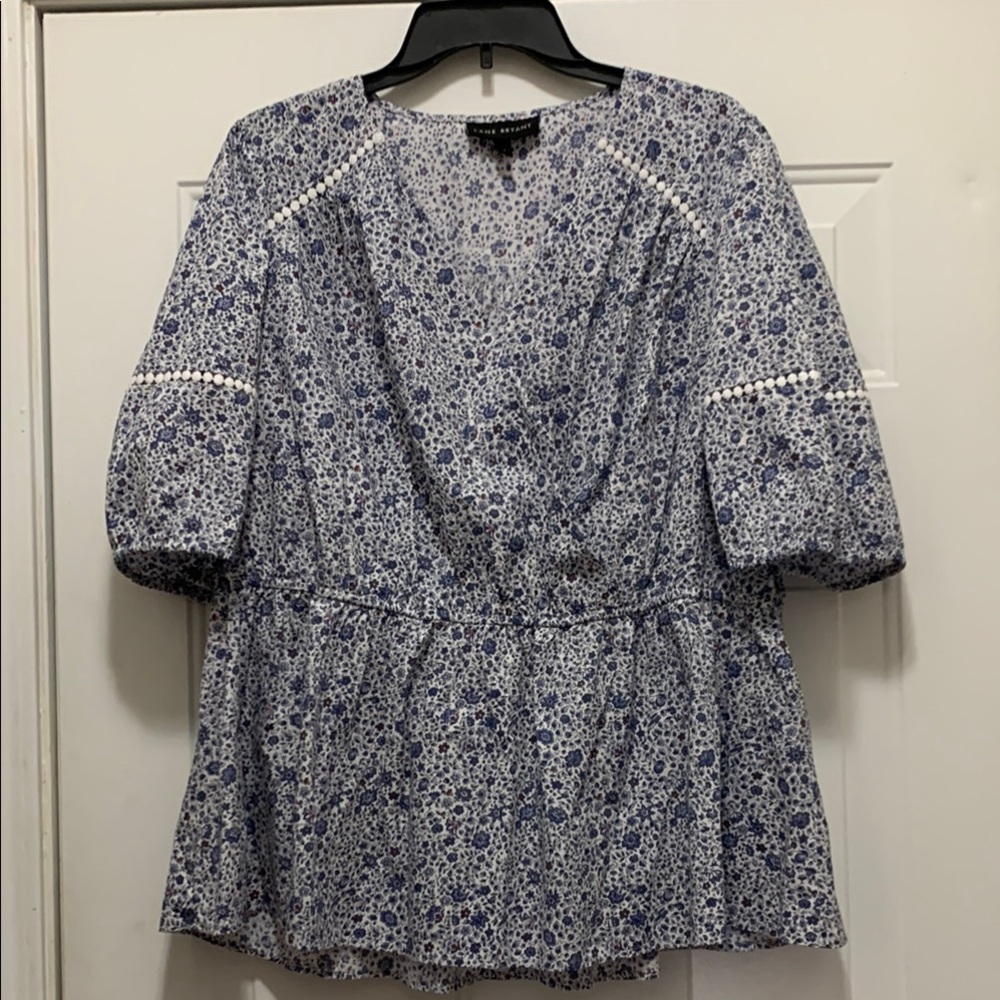 Lane Bryant Blue and White Floral Peplum Blouse